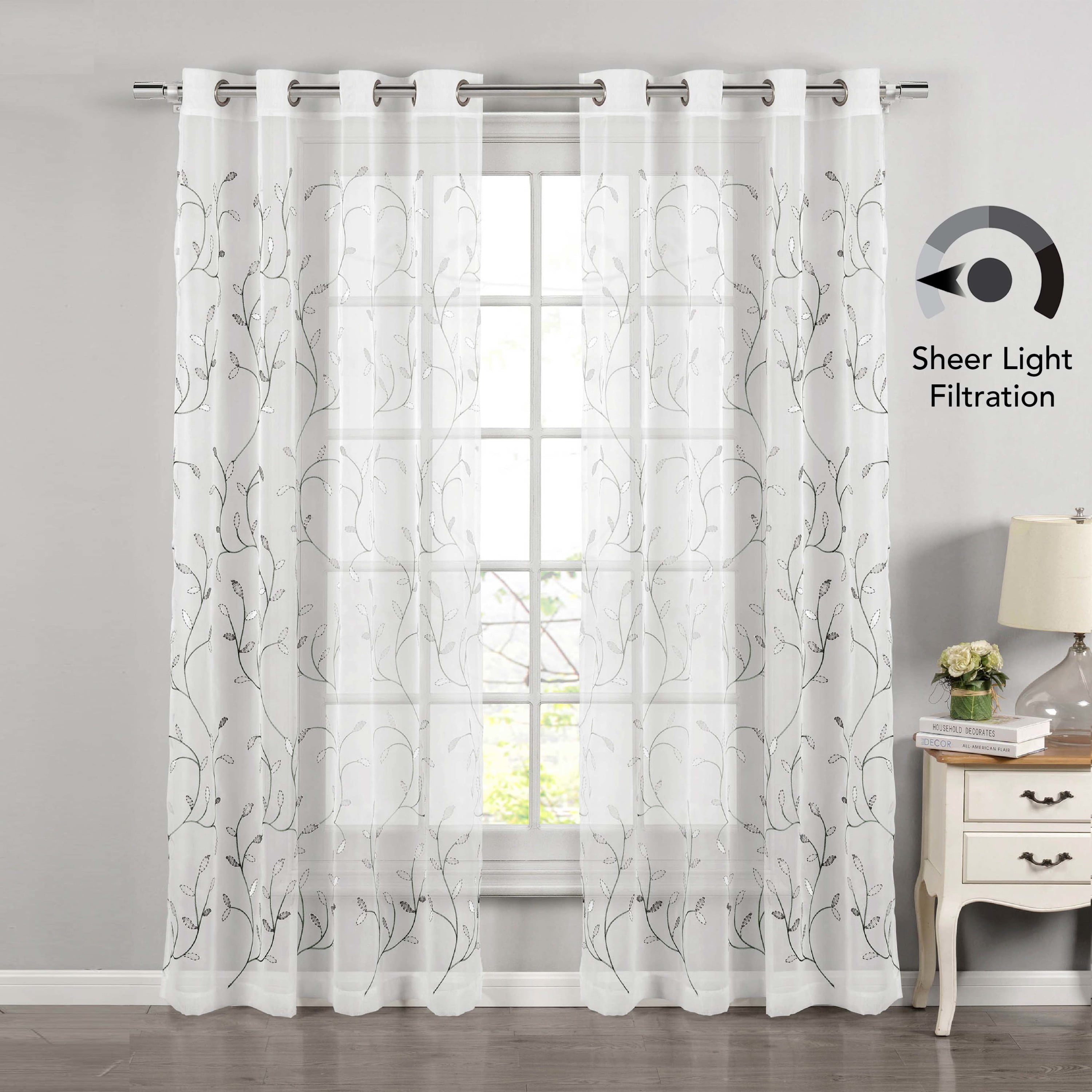 Grommet Curtain Panel, Embroidered Sheer Extra-Wide, Silver 54" x 96"