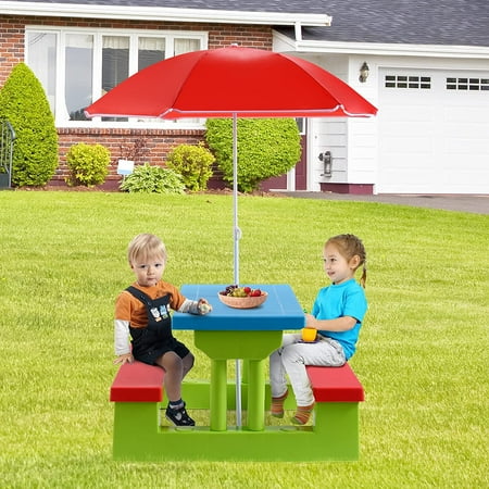 ARMILE Kids Picnic Table, Kids indoor & Outdoor Table and Bench set with Removable & Foldable Umbrella, Portable Toddler Plastic Picnic Table for , Backyard, Ideal Gift for Boys Girls(Red)