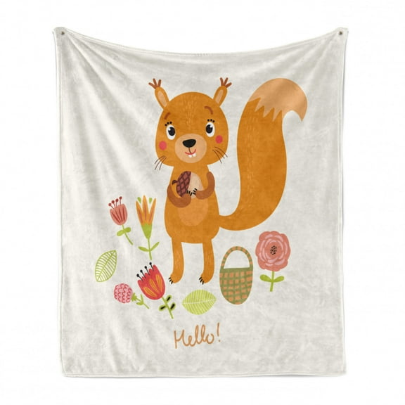 Squirrel Soft Flannel Fleece Throw Blanket, Funny Animal with Various Flowers at Its Feet Saying Hello Cheery Greeting, Cozy Plush for Indoor and Outdoor Use, 50" x 60", Multicolor, by Ambesonne