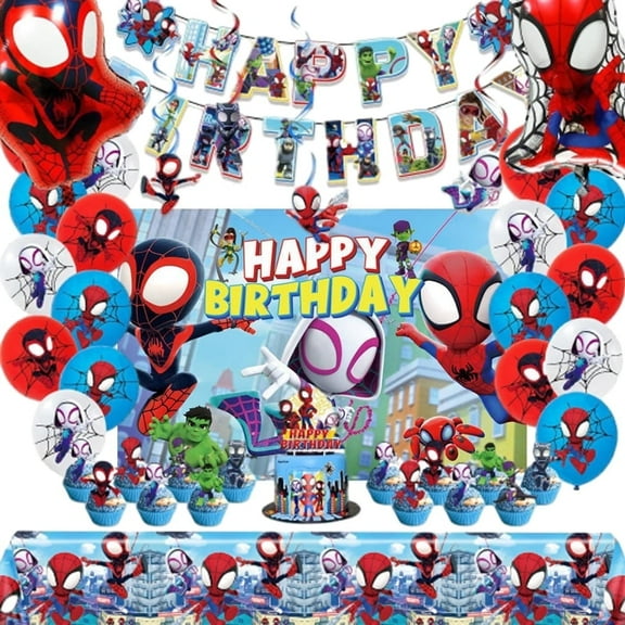 Spidey Birthday Decorations, Include Happy Birthday Banner, Hanging Swirls, Cake Topper and Cupcake Toppers, Background Cloth, Tablecloth, Balloons for Kids Party
