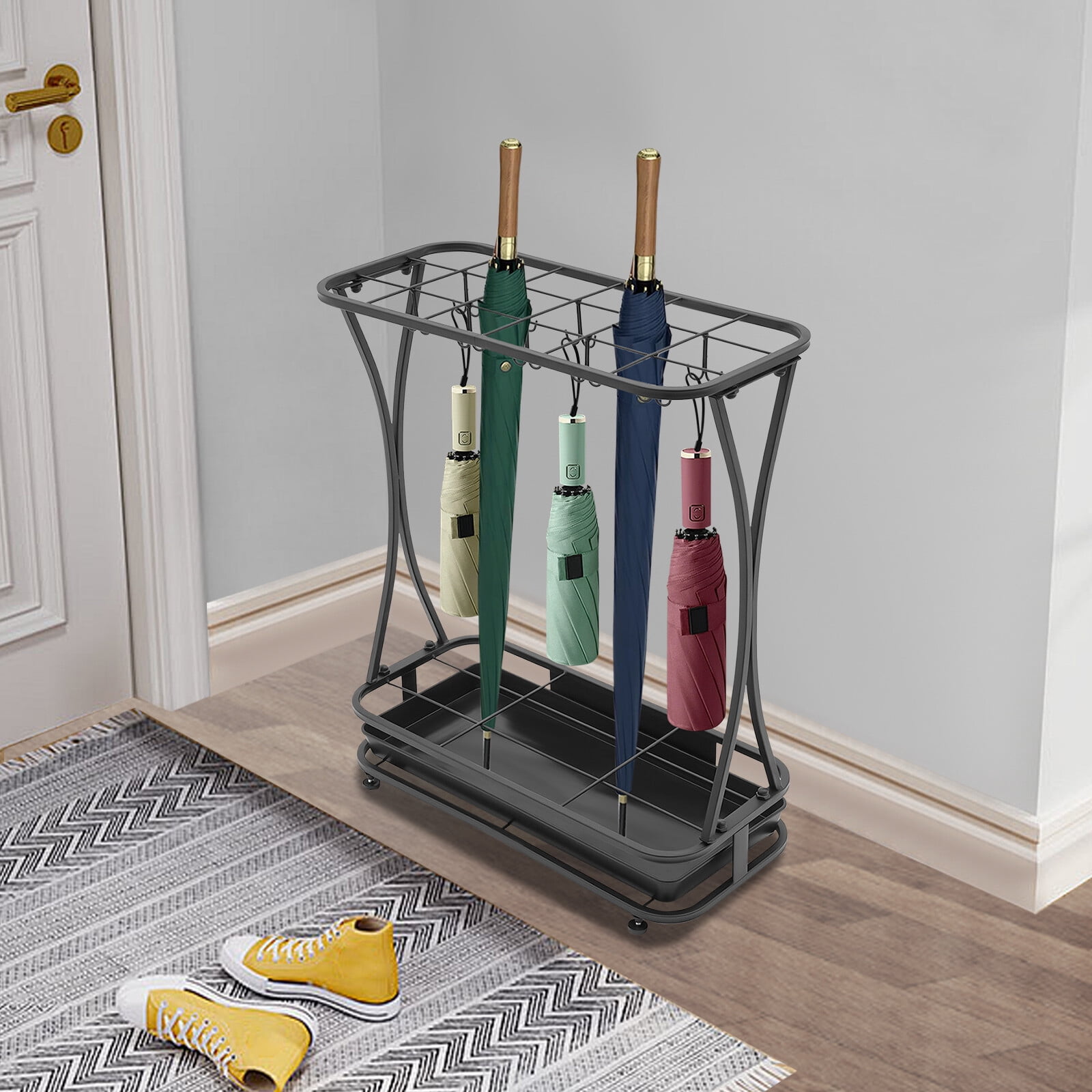 18 Slots Umbrella Holder Stand with 20 Hooks, Free Standing Umbrella Rack Organizer with Removable Drip Tray, Multi-Functional Storage Rack for Home Office Store