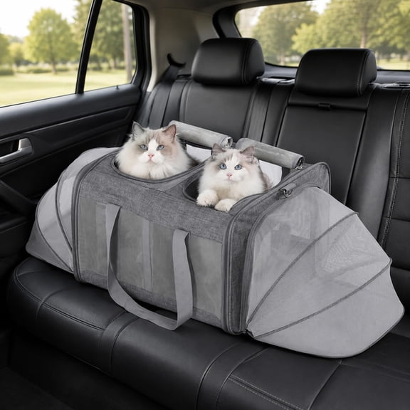 Expandable Cat Carrier for 2 Cats, Soft Sided Large Pet Travel Carrier with Double Expandable Sides, Removable Divider, Foldable Breathable Polyester Cat Bag for Small Pets, Grey