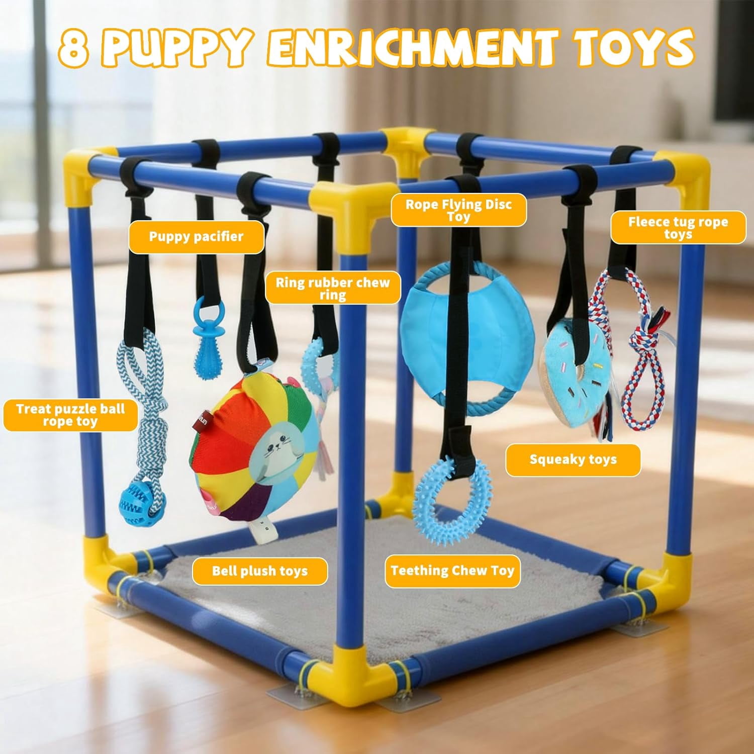 Puppy Play Gym with Hanging Toys, PVC Frame Activity Center for Small Dogs, Kittens and Pets with 8 Enrichment Toys