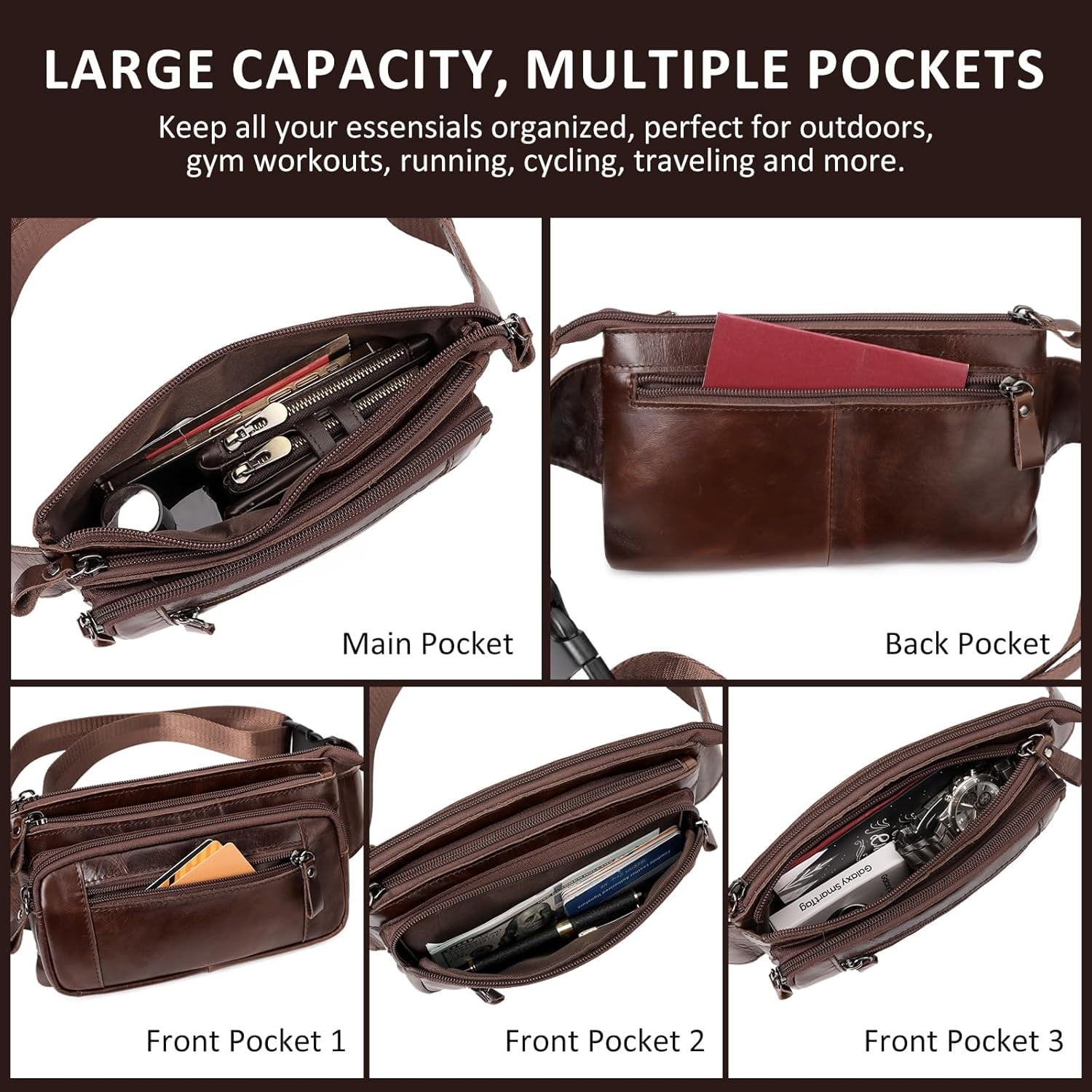 Leather Fanny Pack for Men Women, Belt Bag Fashion Waist Packs Small Crossbody Bag with Adjustable Strap for Travel Sport Walk (Black)