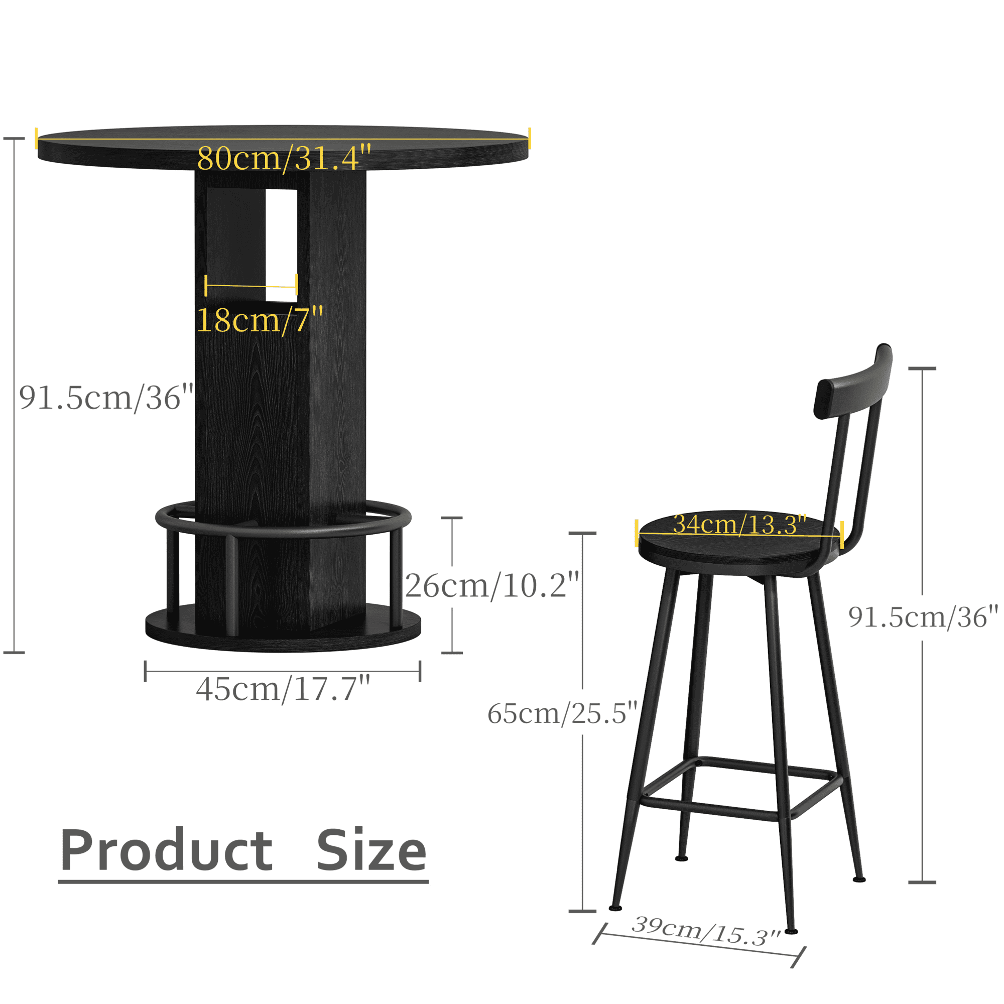 Leumius 3-Piece Bar Table and Stool Set, 31.5-inch Round Bar Table with 2 Stools Compact Wooden Dining Bar with Metal Ring Footrest for Restaurants Cafes Bars Living Rooms and Small Spaces Black