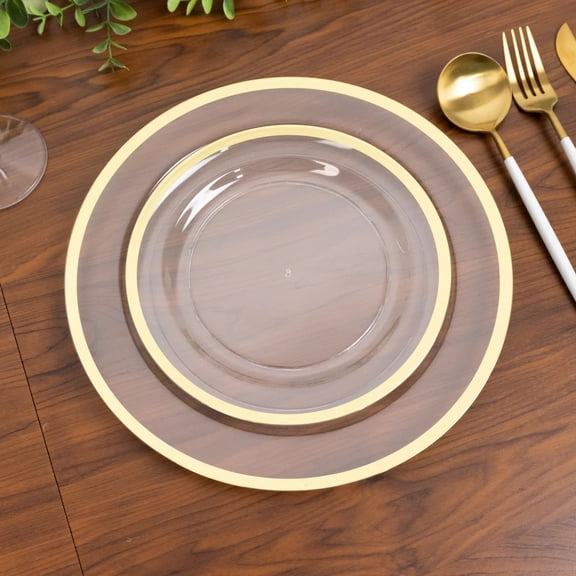 Balsa Circle 10 Clear 7" Disposable Round Plastic Dessert Plates Gold Rim