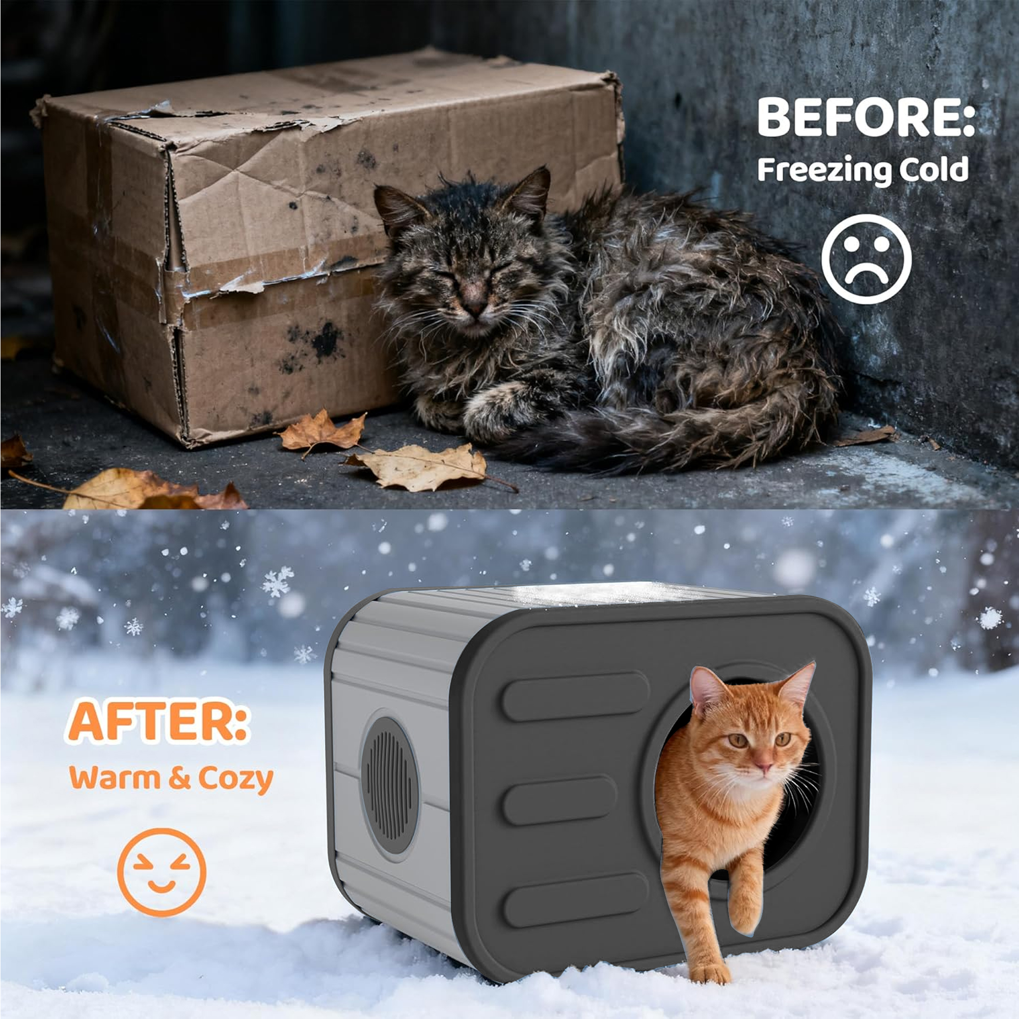 Decksplore Outdoor Cat House Weatherproof (20.8"x14.2"x15.9"), HDPE Feral Cat Shelter for Bedroom, Yard, Patio (Gray)