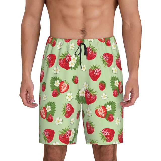Balery Strawberry Floral Pantalones cortos de pijama de punto de algodón para hombre con cinturilla y bolsillos-Small