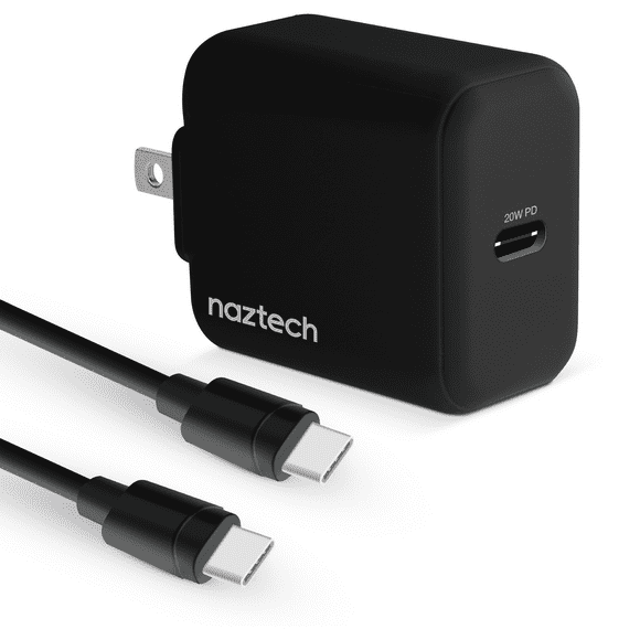 Cargador de pared Naztech de 20W más USB C a USB C Negro
