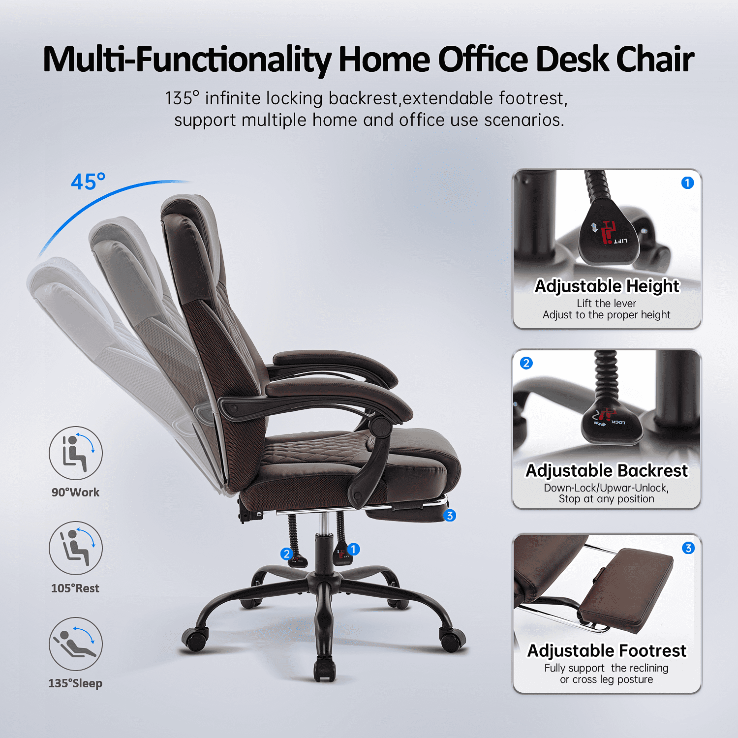 TMV 10-Position Adjustable Office Chair, Reclining Work Chair with Lumbar Support with Desk Foot Rest，Brown