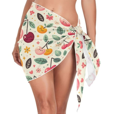 Beach Mini Dress Cute Colorful Cherry with Leaf Swimsuit Coverup for Women Swimwear Cover Ups Short Triangle Beach Skirt S