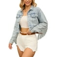 thumbnail image 4 of INSPIRE CHIC Women's Jacket Cropped Jean Fringe Long Sleeve Frayed Hem Tassel Trim Denim Jacket S Light Blue, 4 of 6