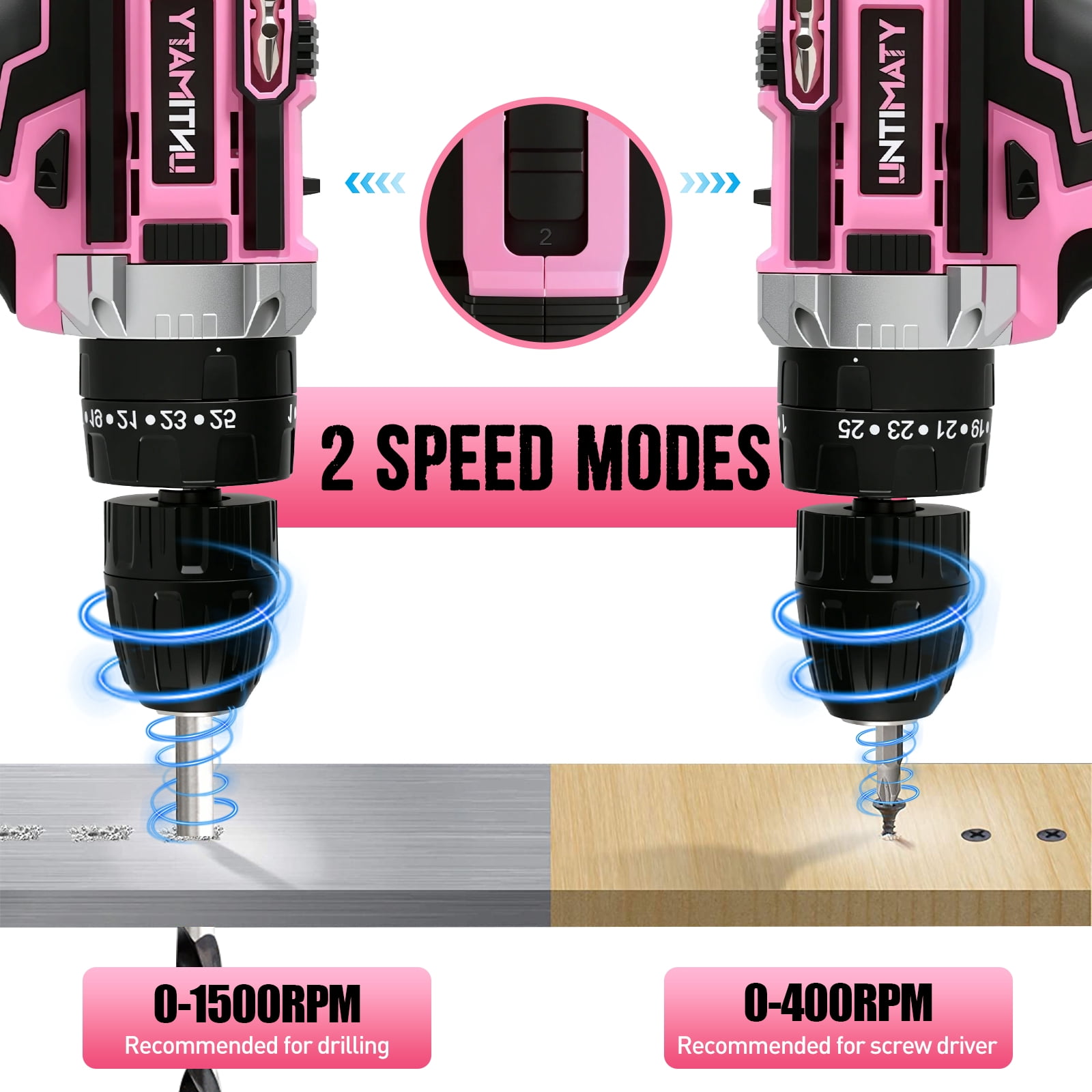 UNTIMATY 21V Cordless Power Drill Set, Power Drill Driver Kit with Lithium-Ion Battery and Charger, 3/8-Inch Keyless Chuck, 2 Variable Speed, 25+3 Position and 31pcs Drill/Driver Bits, Pink