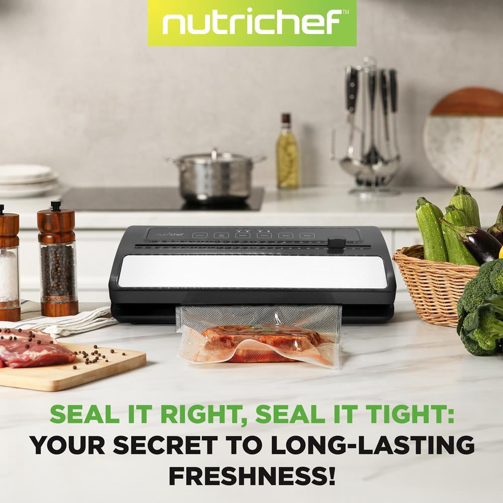 NutriChef Food Vacuum Sealer Machine, Stainless Steel & ABS Body, 110W Automatic Sealing for Dry & Moist Foods, LED Touch Controls, Includes Bags, Hose & Roll Cutter