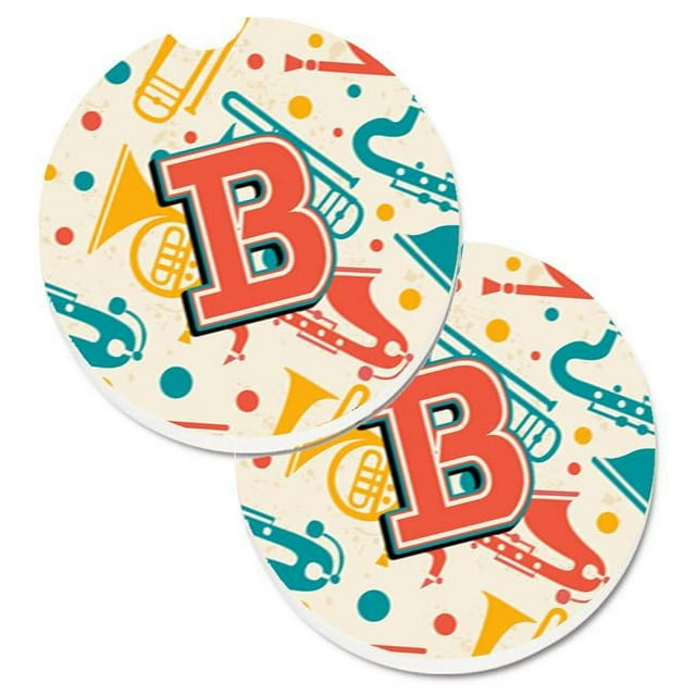 Carolines Treasures CJ2001-BCARC Lettre B Rétro Sarcelle Orange Instruments de Musique Initial Ensemble de 2 Tasse Titulaire Voiture Coaster