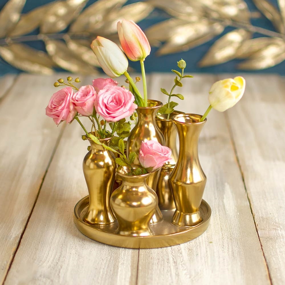 Vases Ceramic Vase Cluster on Tray Set Round Bud Vase Centerpiece Gold