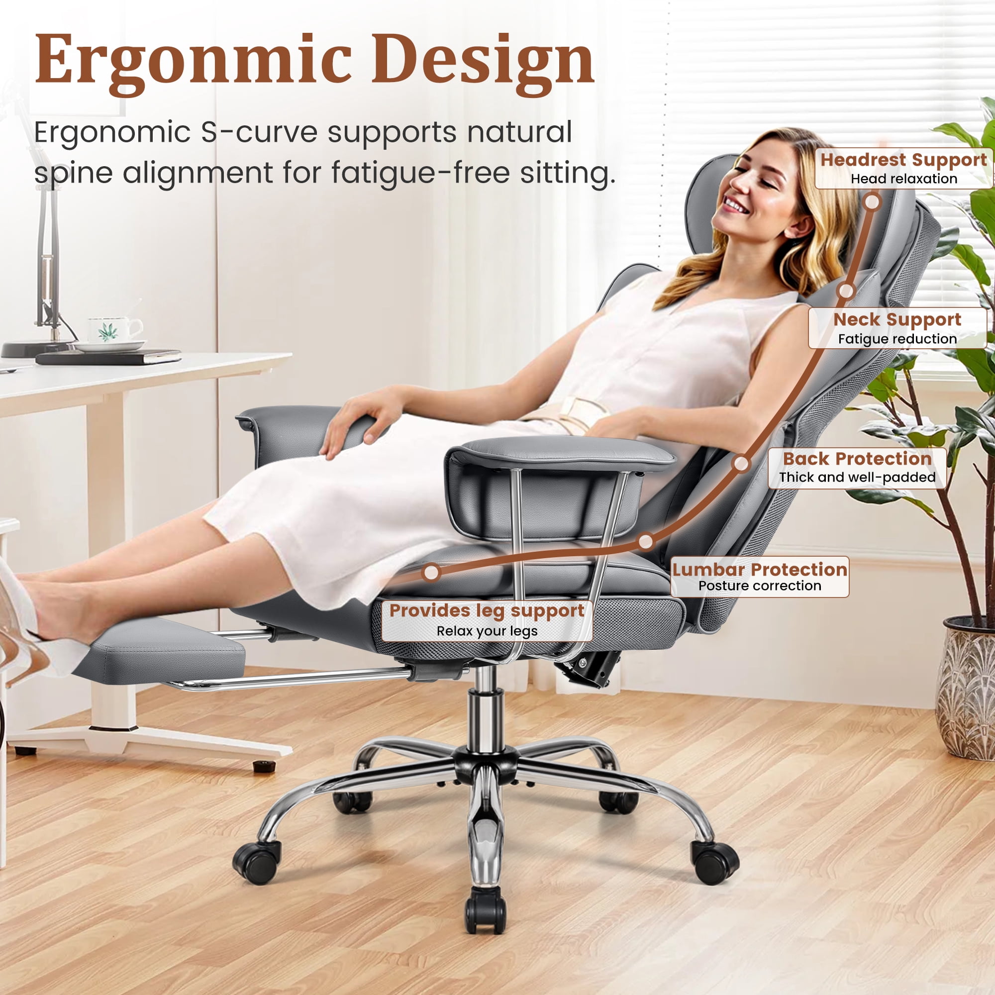 COOLHUT Big and Tall Office Chair 500LBS Wide Seat Ergonomic Computer Desk Chair, PU Leather Executive Office Chair with Footrest, Adjustable Task Chair Lumbar Back Support 8 Hour, Gray