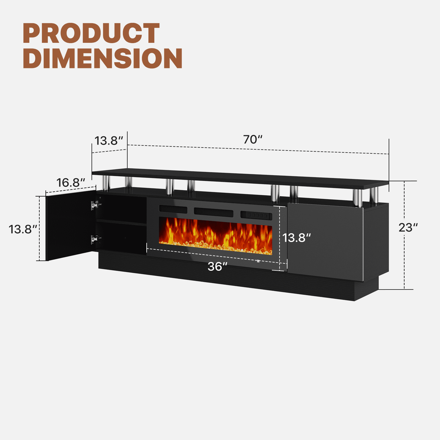 BaPiPro 70" Fireplace TV Stand with 36" Electric Fireplace for TVs up to 80", Entertainment Center with LED Light, Media Console for Living Room, Black