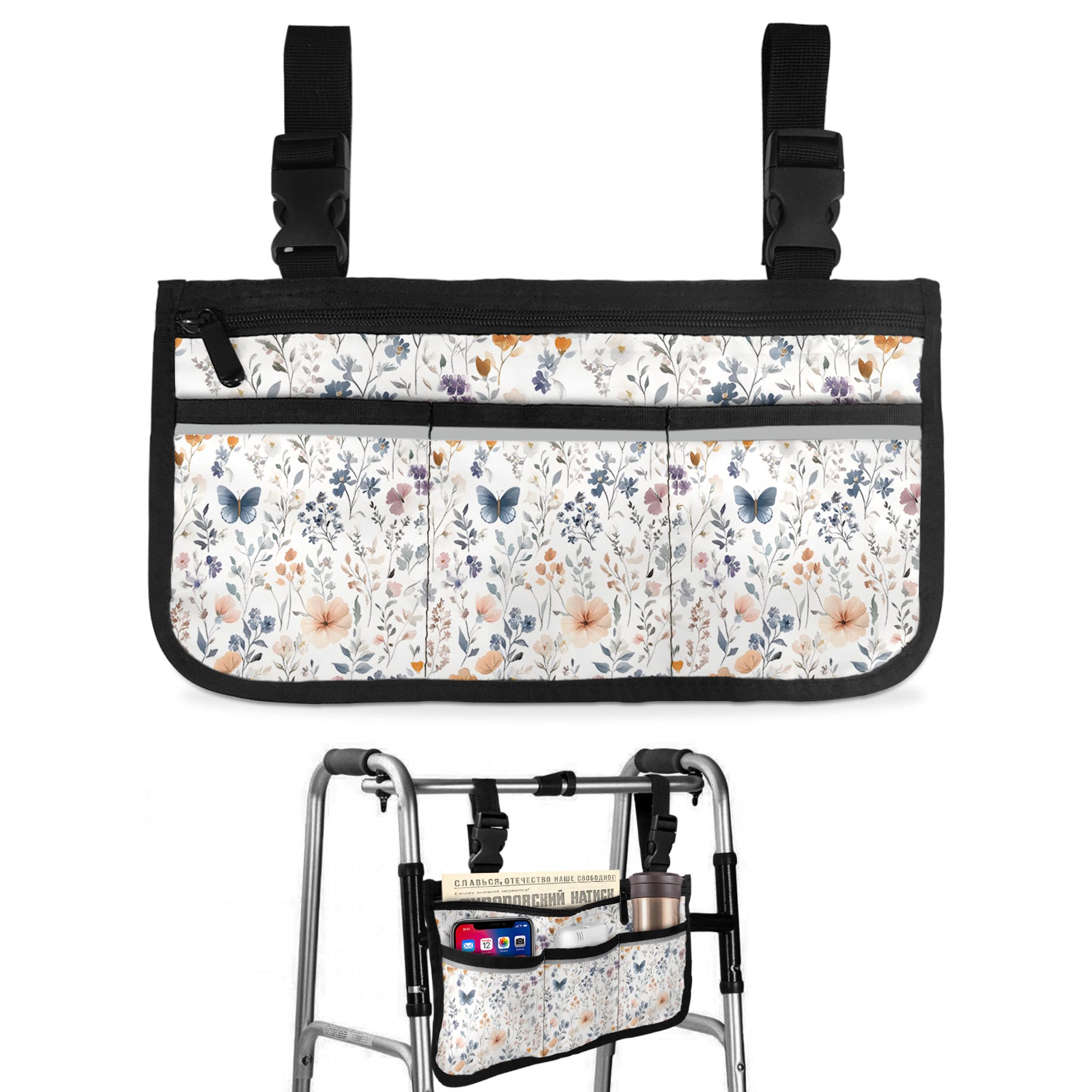 Watercolor Wildflowers Wheelchair Side Bag Walk Bag Basket, Spring Pastoral Botanical Flowers Wheelchair Accessories Armrest Pouch, Organizer Storage Bags for Walkers, Rollators, Scooters, 7.3"x13"