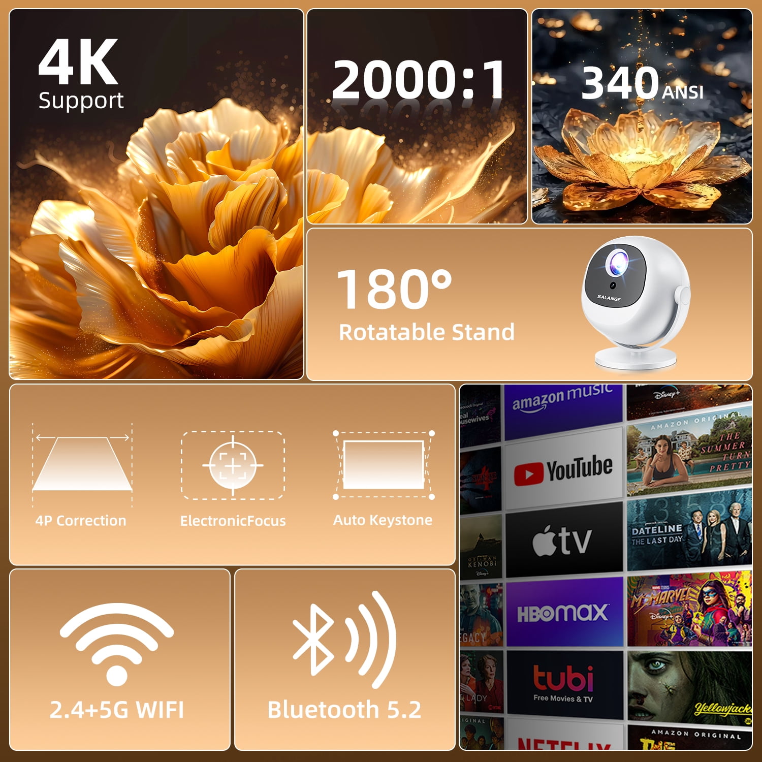 Salange Full HD Projector with 1080p,360° Stand Rotatable,4K Support and Wifi and Bluetooth,Auto Keyston for Home&Outdoor Movie