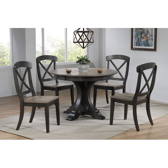 Art Deco Transitional X-Back Wood Dining Set in Gray & Black Stone 5-Piece Set