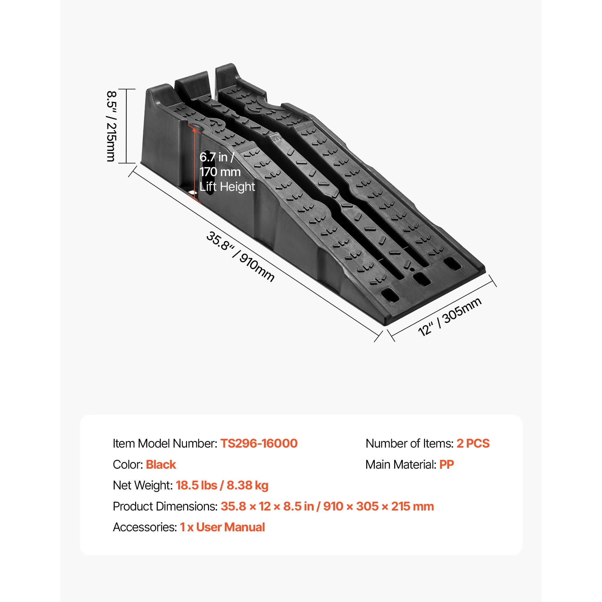 KFFKFF Portable Car Ramps, Set of 2 with 16000 lbs Load Capacity, 6.7-inch Lift Height, Durable Service Ramps for Garage Maintenance, Oil Changes, and Vehicle Repairs, Suitable for Trucks, SUVs