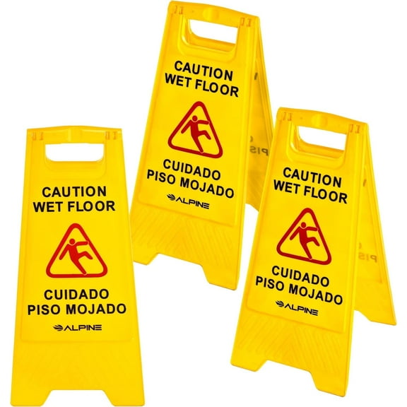 Alpine Wet Floor Signs 3 Pack - 24 Inch Caution Wet Floor Sign - Bilingual Safety Warning Sign to Easily Avoid Slippery Accidents in High Traffic Areas