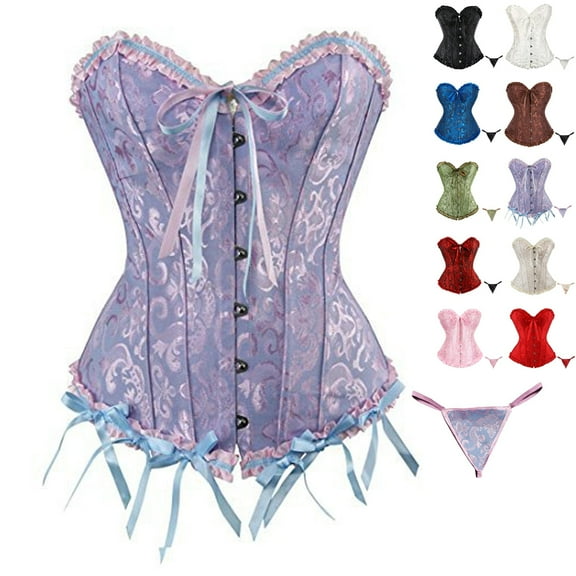 bbyeadc Womens Blue Corset Tops Oversized Y2k Lace Up Boned Corset Tops Wedding Shapewear Lingerie Satin Floral Push Up Bodyshaper with T Back, Light Blue L