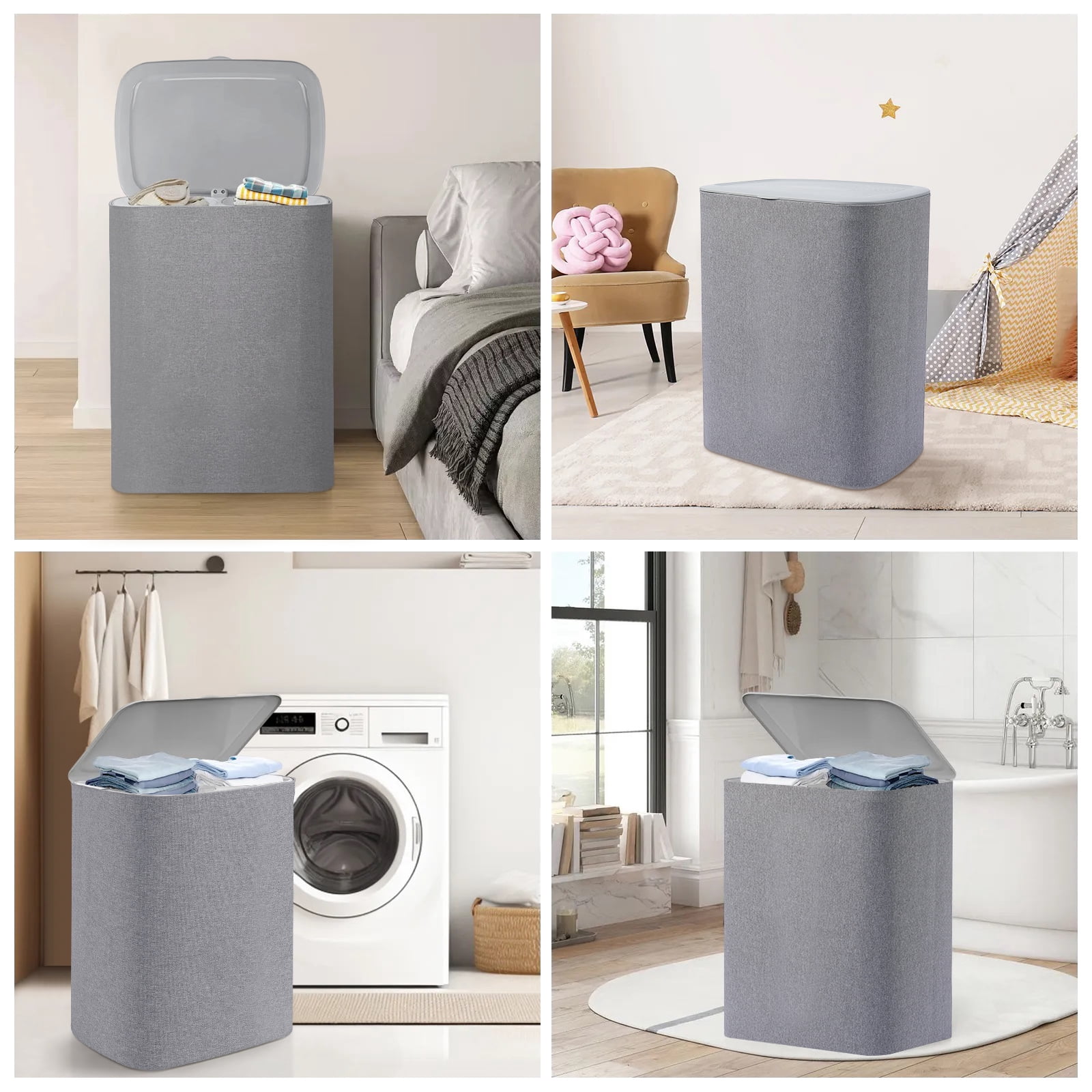 2-Section Laundry Hamper with Lid & Removable Bags, Foldable Clothes Sorter Organizer for Bedroom/Bathroom, 600D Oxford Fabric Storage Bin Portable Clothes Organizer for Home, Dorm, Apartment