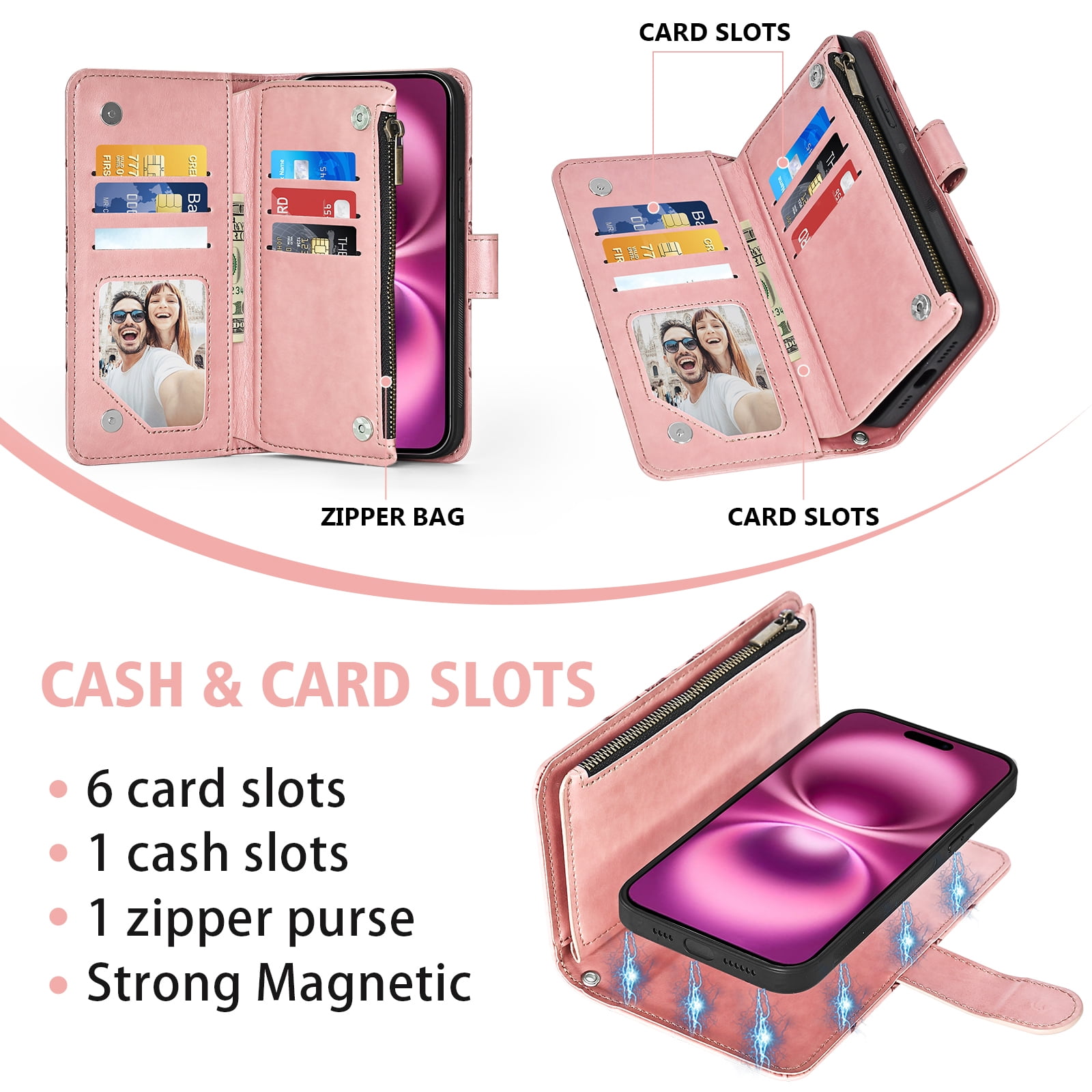 Phone Case for iPhone 16 Plus 6.7 inch Zipper Wallet Magnetic Detachable Cell Cover with Tempered Glass Screen Protector Crossbody Strap Flower Card Holder Slot i Phone16 16+ i16 16Plus Women Pink