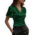 thumbnail image 3 of Sillenn Women's Satin V-Neck Blouse Puff Short Sleeve Wrap Front Ruched Waist Top Silky Slim Fit Elegant Satin Silk Shirt Dressy Casual Office Work Tops Trendy Going Out Cropped Blouses Green M, 3 of 7