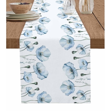 Blue Poppy Floral Table Runner 72 Inches Farmhouse Pastoral Botanical Flowers Bed Runner Dresser Scarves Tabletop for Indoor Outdoor Parties/Ceremony/Banquet 18 x 72