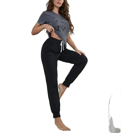 

Round Neck Casual Slogan Pant Sets Multicolor Short Sleeve Women Pajama Sets