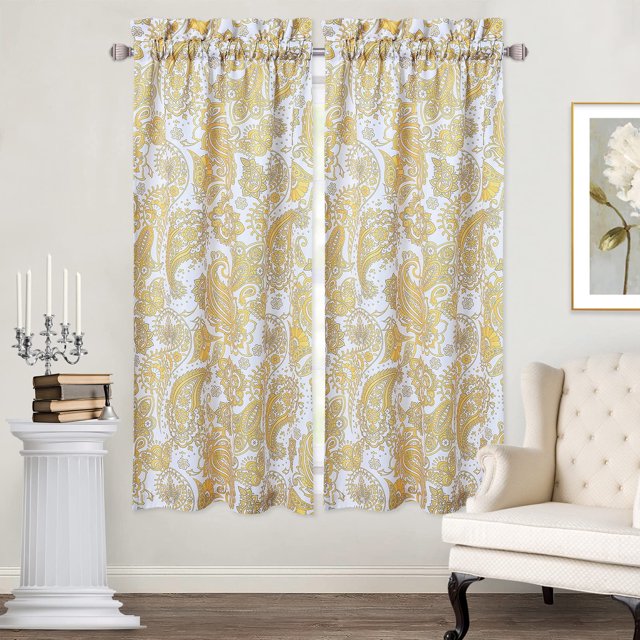 Cortinas cortas para ventana, diseño floral de cachemira, modernas, de media ventana, estilo damasco, con bolsillos para barra, 27 x 36, amarillas y blancas, 1 par