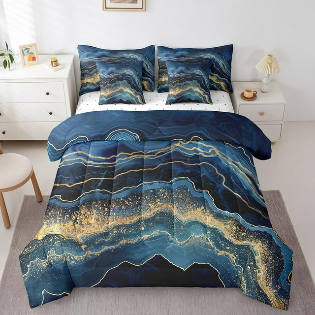 YST 7 Pcs Comforter Set Full Size, Dark Blue Marble Bed In A Bag With Flat Sheet And Fitted Sheet For Kids Adults, Golden Glitter Stone Pattern Fluid Bedding Set With Pillowcases & Shams