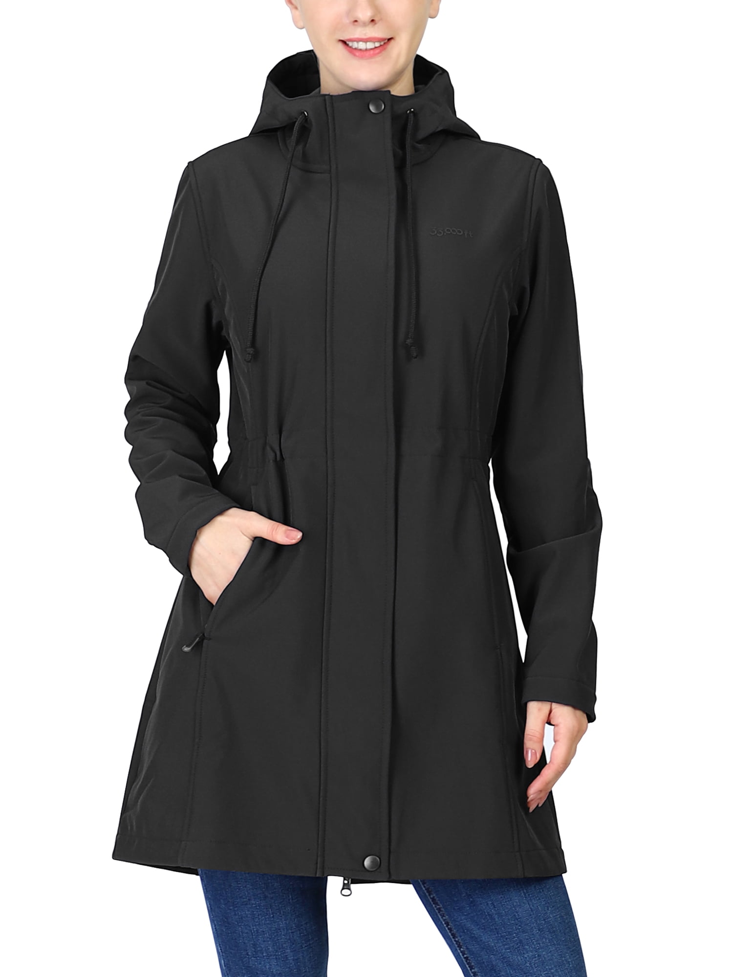 33,000ft Womens Softshell Long Jacket with Hood Fleece Lined Windproof Warm up Waterproof Windbreaker 