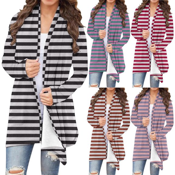Fall Saving! HVOBTTY Women's Mid Length Open Front Sweater, Fall Coat for Women, Women's Casual Striped Print Long Sleeve Long Cardigan Black, XXXXL