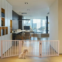 Pefilos Freestanding Pet Dog Gate Foldable 17.5 Inch for House Doorway Stairs Indoor Wooden Dog Fence 3 Panels, Beige