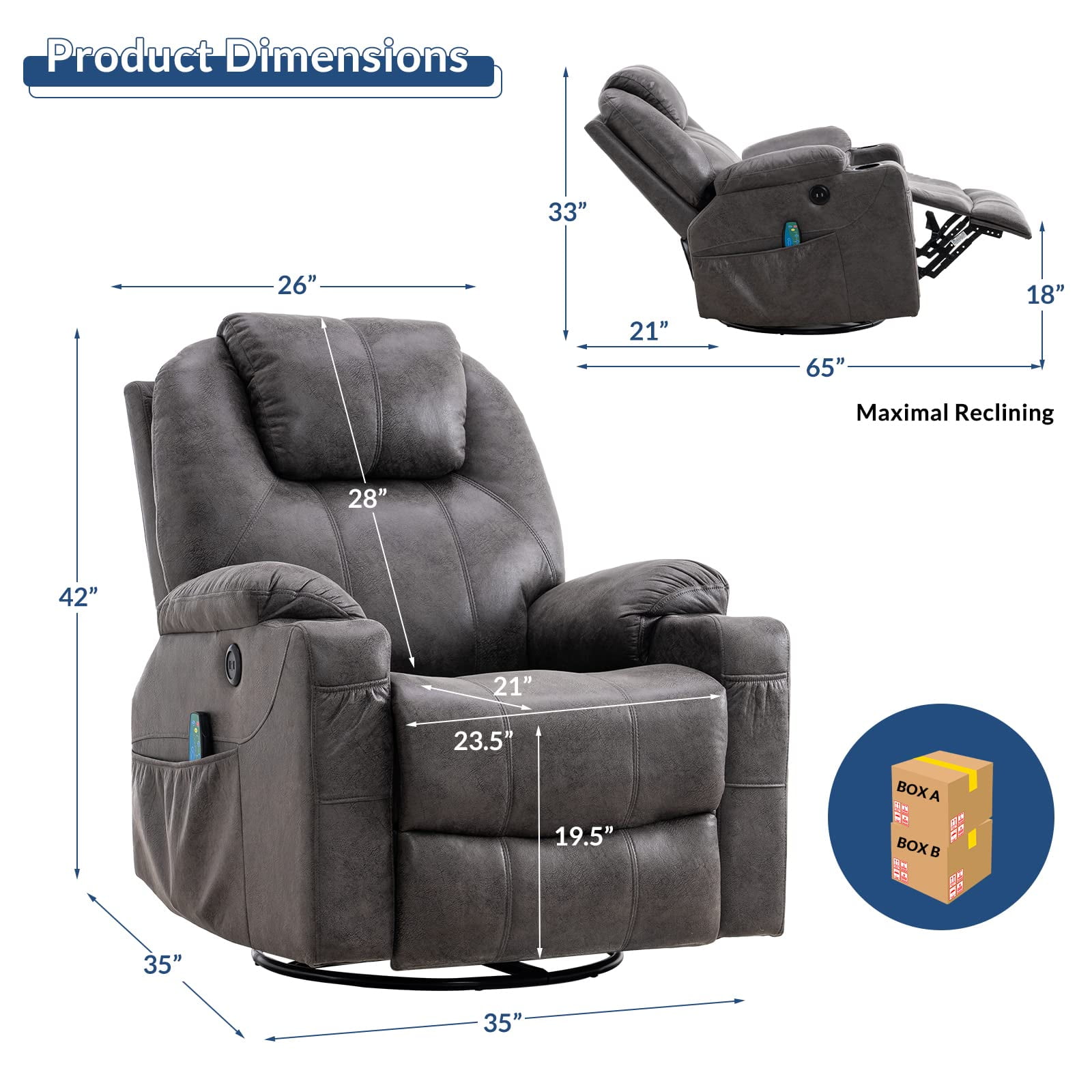 SOCIALCOMFY Swivel Glider Rocker Recliner Chair with Heated Massage Ergonomic Lounge 360 Degree Manual Swivel Sofa Seat with 2 Cup Holders, Side Pockets & USB Ports for Living Room (Gray)