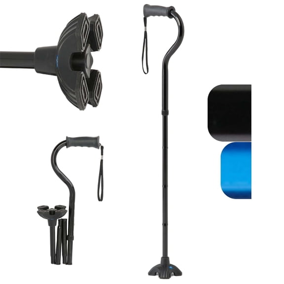 Medline Offset Folding Cane, 4-Point Base with Cushioned Gel Handle, 350-lb Weight Capacity, Black