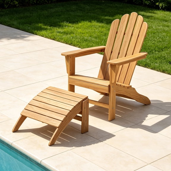 Outdoor Wooden Adirondack Chair with Footrest, Teak Leisure Line Adirondack Chair All Weather Fire Pit Chair Suitable for Patio Lawn Gardens Terraces Poolside