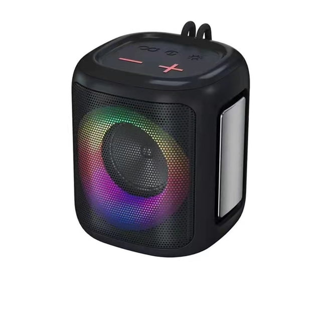 reproductor de audio a80 altavoz bt portátil para exteriores impermeable rgb luz de respiración subwoofer altavoz inalámbrico portátil pequeño, vista 3/4 frontal de altavoz compacto negro con rejilla frontal y anillo RGB multicolor, panel superior con controles táctiles (+ y -) y símbolos de modo, asa integrada y panel lateral metálico; adecuado para uso exterior e ideal para llevar en viajes cortos.
