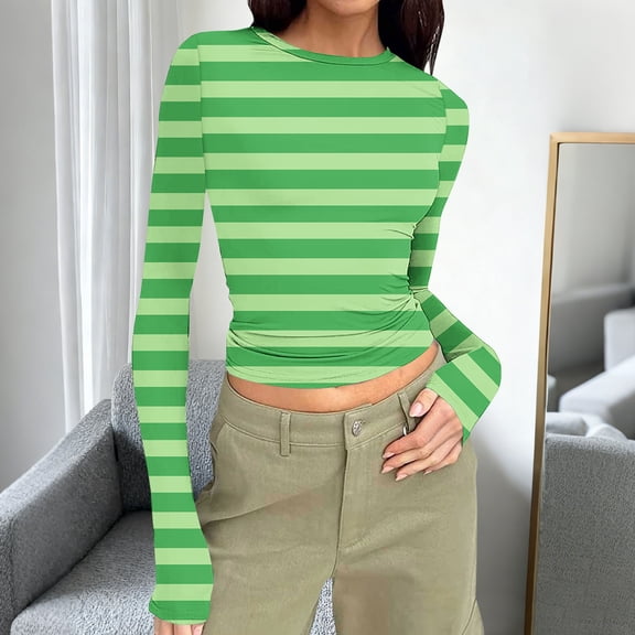 Women's Striped T Shirt Long Sleeve Slim Fitted Tee Going Out Tops Fall Clothes Green S