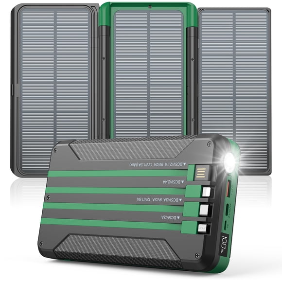 Power Bank Solar Charger 46800mAh Built in 4 Cables 3 Foldable Solar Panels, PD20W Fast Charging Portable Charger, LED Display Powerbank USB C in/Out