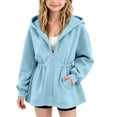 thumbnail image 2 of LOINRODI Girls Zip Up Cinched Waist Hooded Jacket Loose Long Sleeve Solid Color Pocket Casual Kids Outerwear Light Blue 7-8 Years, 2 of 6