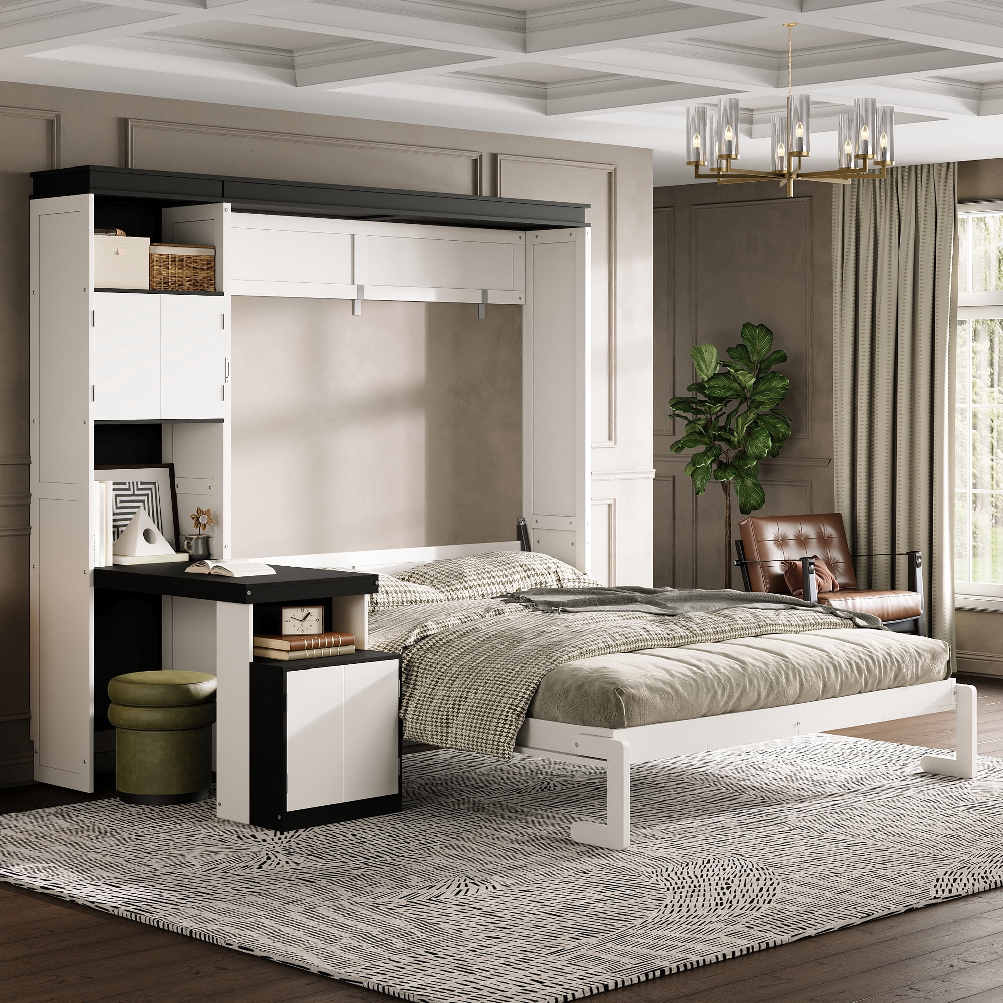 Full Size Murphy Bed with Desk and Storage Shelves and Cabinets for Small Space, Guest Room
