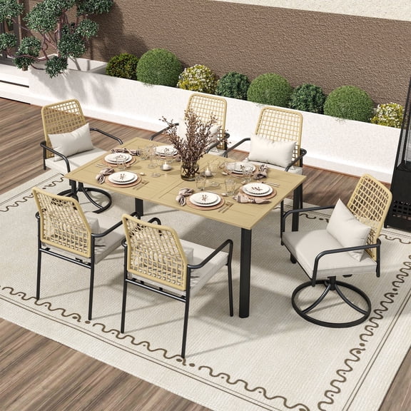 7 Piece Outdoor Dining Set with 4 Dining Chairs and 2 Swivel Chairs, All Weather Patio Table and Chair Set