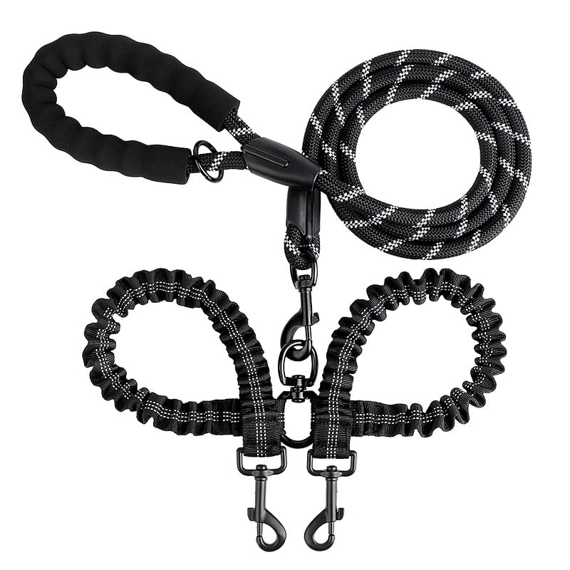 Double Dog Leash - Double Reflective Leash with Comfort Handle, One-to-Two Double Ended Dog Leash - Stretchable Nylon Leash - Black