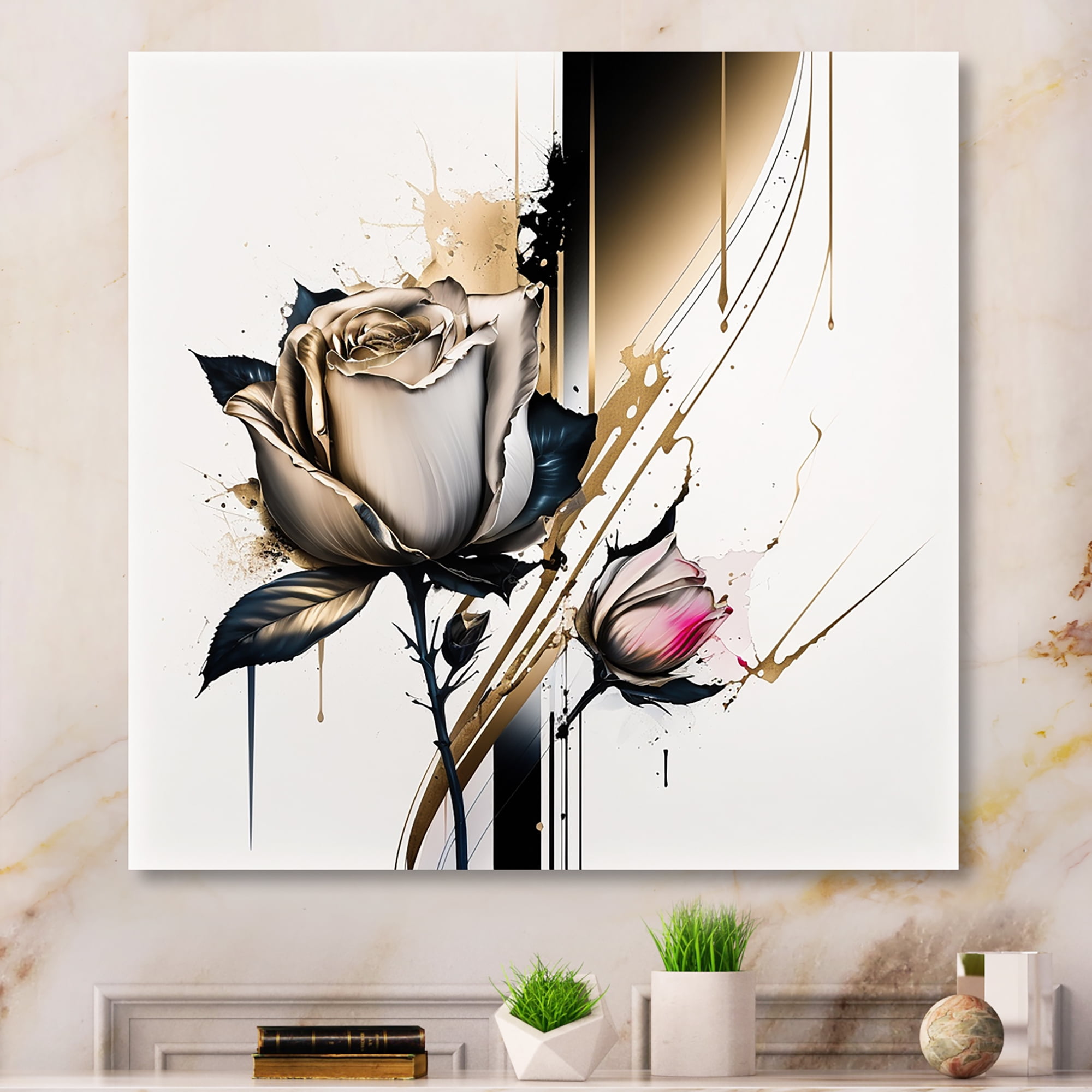 Designart Roses Flow Flower On Abstract Fusion IV Canvas Wall Art