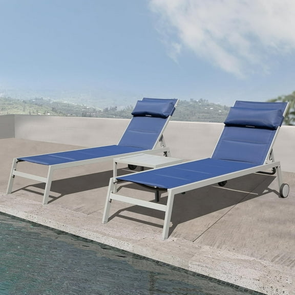 Domi Outdoor Patio Chaise Lounge Set of 3, Aluminum Pool Lounge Chairs with Side Table and Wheels, Textilene Padded Adjustable Recliner All Weather for Poolside, Beach, Yard, Balcony (Navy Blue)